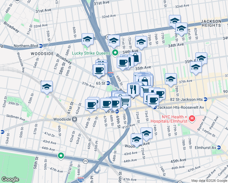 map of restaurants, bars, coffee shops, grocery stores, and more near 69th Street & 37th Avenue in Queens