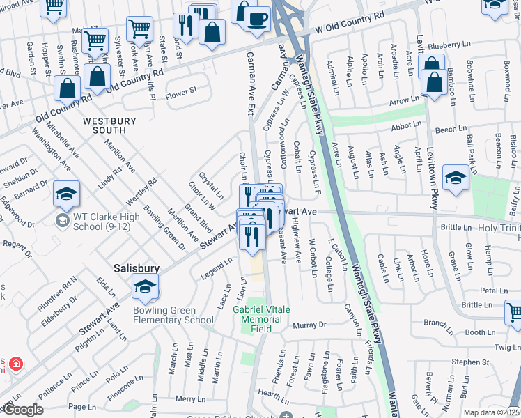 map of restaurants, bars, coffee shops, grocery stores, and more near Stewart Ave & Carman Ave in Salisbury