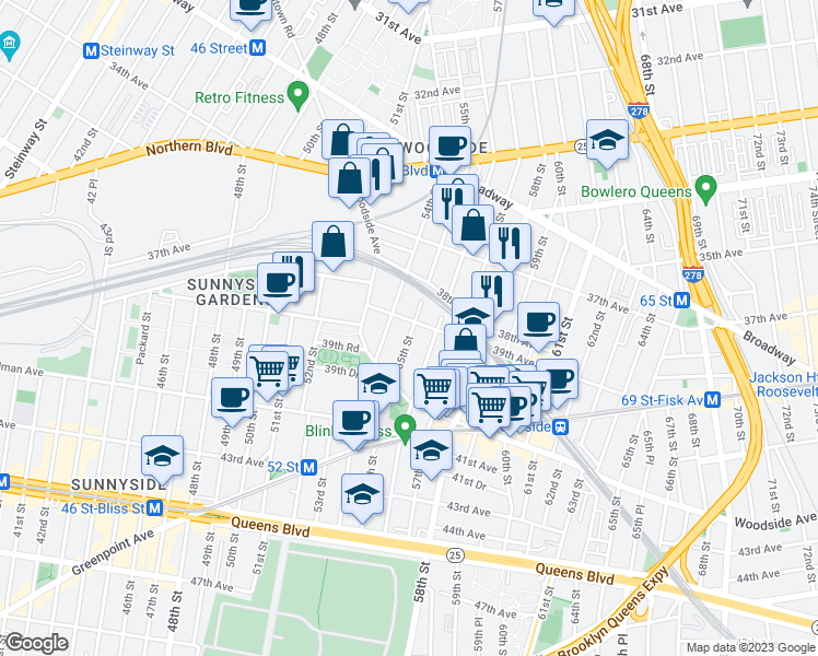 map of restaurants, bars, coffee shops, grocery stores, and more near 54-20 39th Avenue in Queens