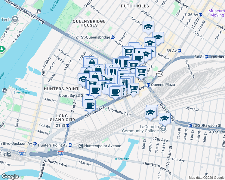map of restaurants, bars, coffee shops, grocery stores, and more near 43-27 Crescent Street in Queens
