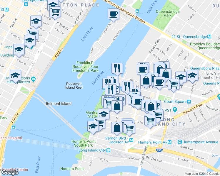map of restaurants, bars, coffee shops, grocery stores, and more near 4-5 Center Boulevard in Queens