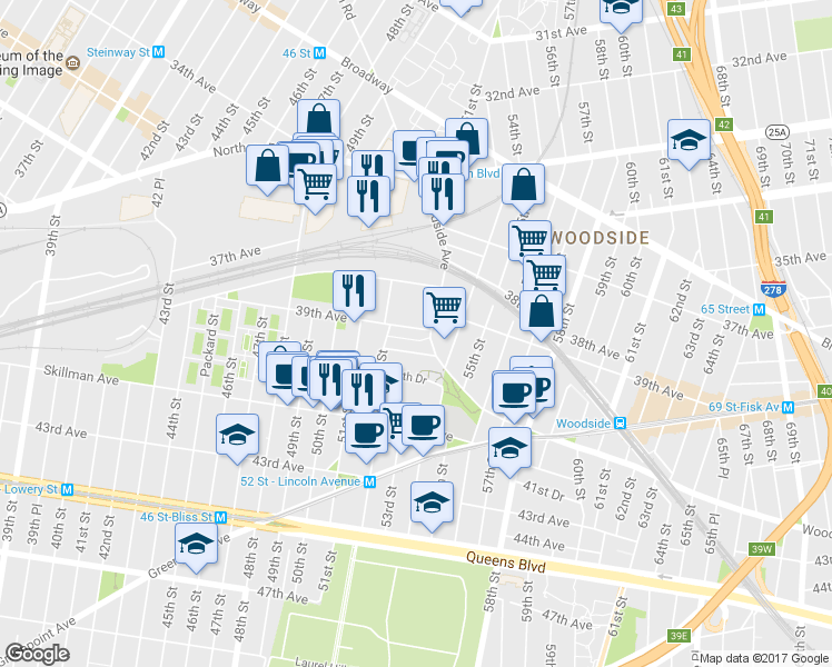 map of restaurants, bars, coffee shops, grocery stores, and more near 52-30 39th Avenue in Queens