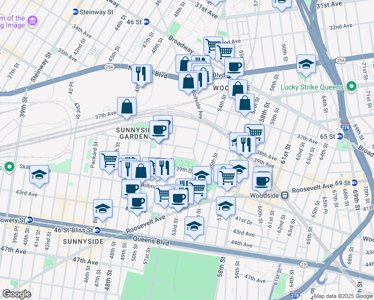 map of restaurants, bars, coffee shops, grocery stores, and more near 52-17 39th Avenue in Queens