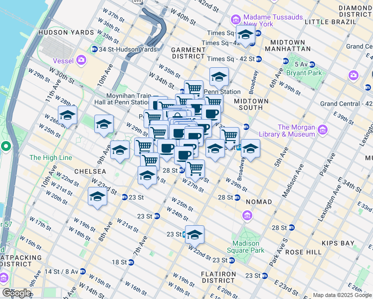 map of restaurants, bars, coffee shops, grocery stores, and more near 222w West 30th Street in New York