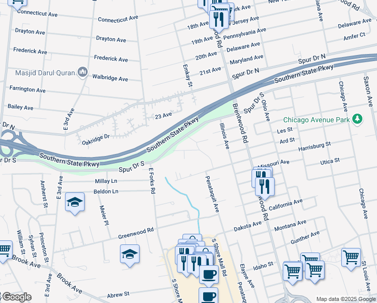 map of restaurants, bars, coffee shops, grocery stores, and more near 19 Pinebrook Place in Bay Shore