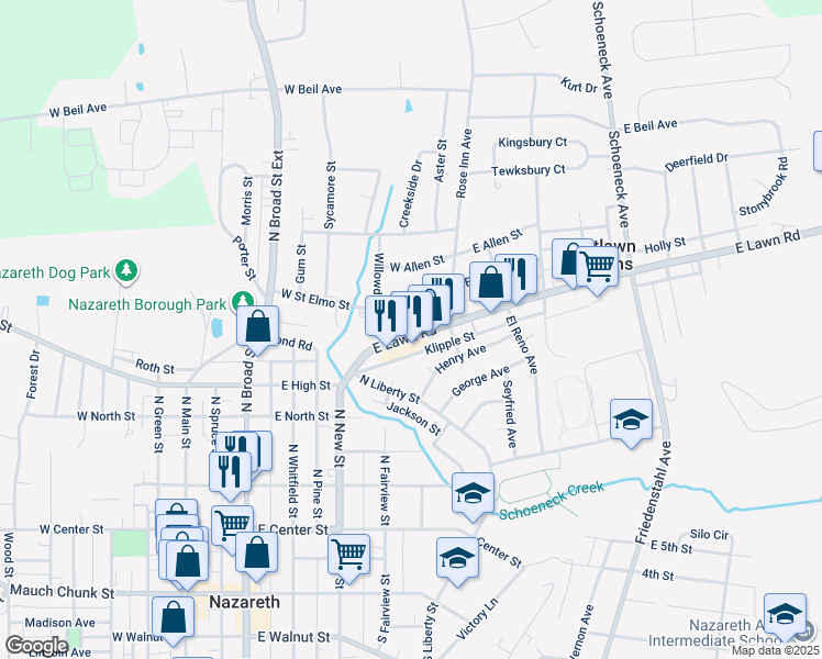 map of restaurants, bars, coffee shops, grocery stores, and more near 41 East Lawn Road in Nazareth