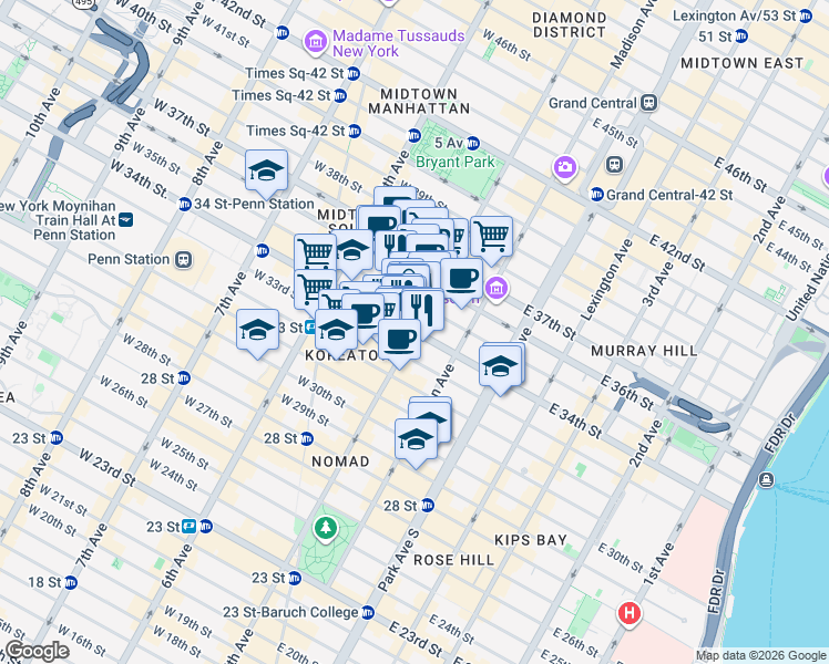 map of restaurants, bars, coffee shops, grocery stores, and more near 350 5th Avenue in New York