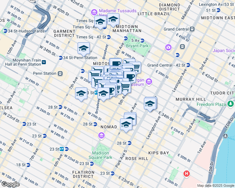 map of restaurants, bars, coffee shops, grocery stores, and more near 350 5th Avenue in New York