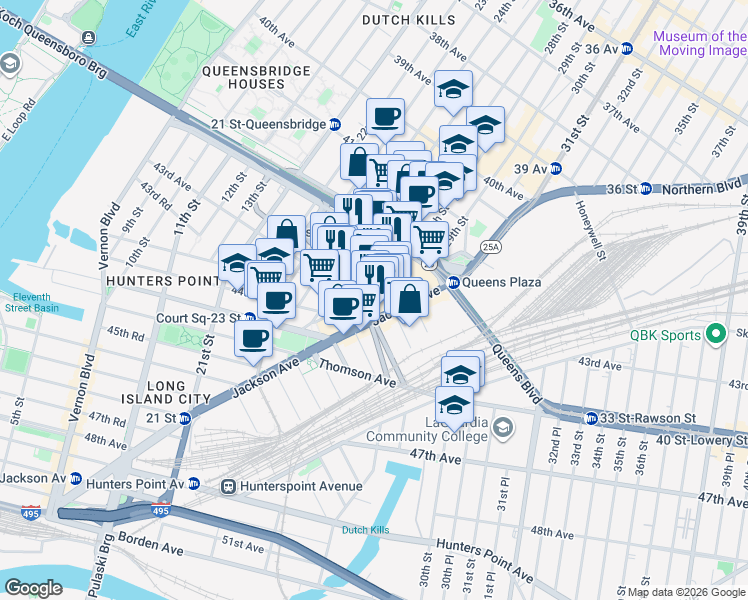 map of restaurants, bars, coffee shops, grocery stores, and more near 42-77 Hunter Street in Queens