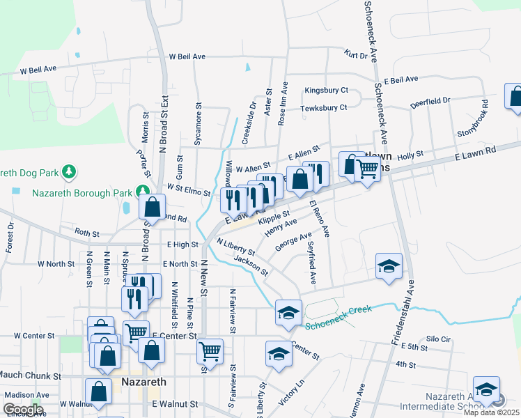 map of restaurants, bars, coffee shops, grocery stores, and more near 59 East Lawn Road in Nazareth