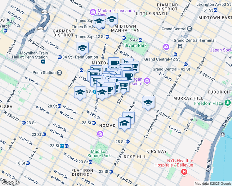 map of restaurants, bars, coffee shops, grocery stores, and more near 19 West 34th Street in New York