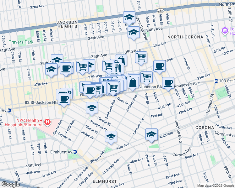 map of restaurants, bars, coffee shops, grocery stores, and more near in Queens