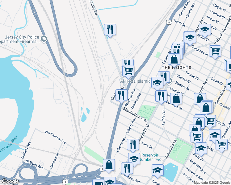map of restaurants, bars, coffee shops, grocery stores, and more near 210 County Road in Jersey City