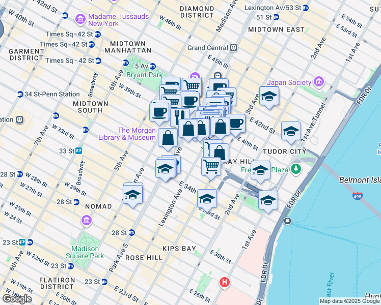 map of restaurants, bars, coffee shops, grocery stores, and more near 105 East 37th Street in New York