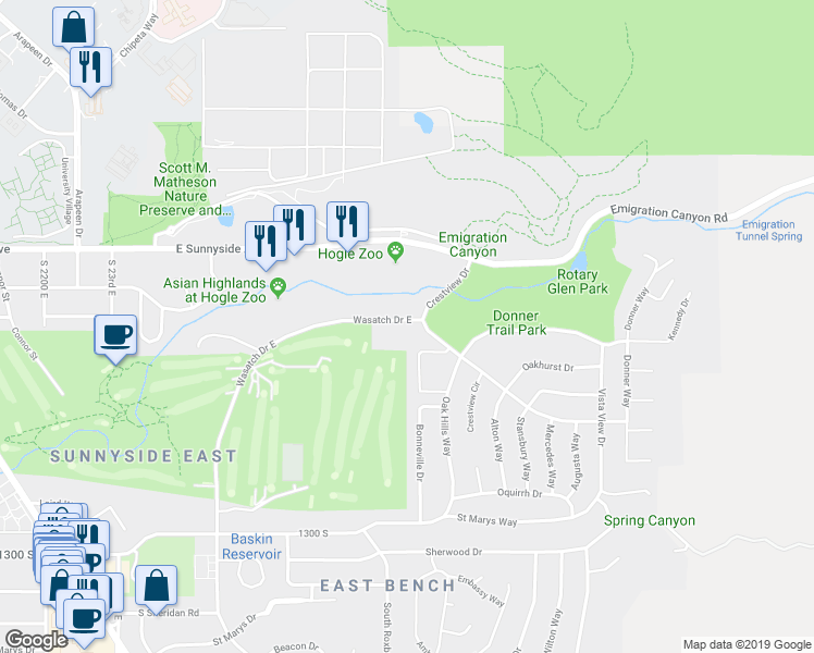 map of restaurants, bars, coffee shops, grocery stores, and more near 2726 South Wasatch Drive in Salt Lake City