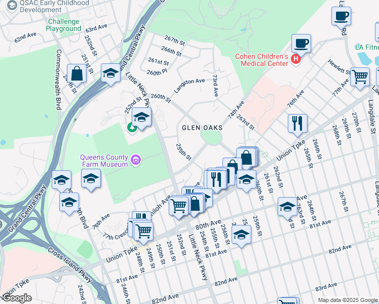 map of restaurants, bars, coffee shops, grocery stores, and more near 255-27 74th Avenue in Queens