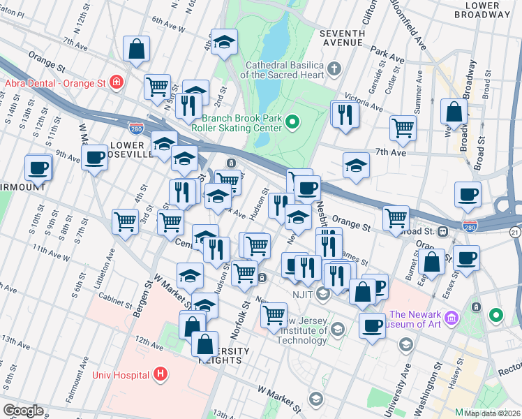 map of restaurants, bars, coffee shops, grocery stores, and more near 17-19 Jay Street in Newark