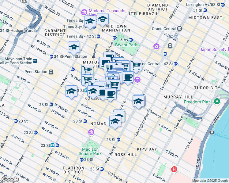 map of restaurants, bars, coffee shops, grocery stores, and more near 5th Avenue in New York