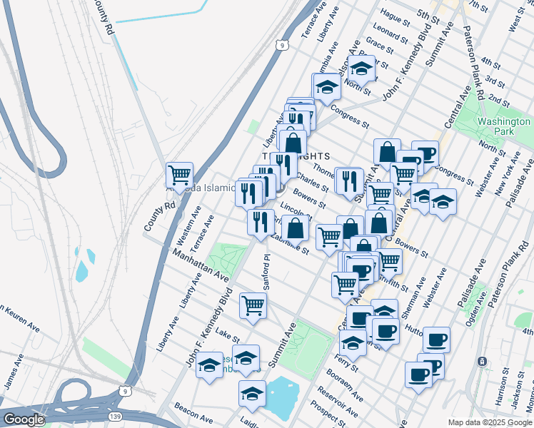 map of restaurants, bars, coffee shops, grocery stores, and more near John F Kennedy Blvd W & Griffith St in Jersey City