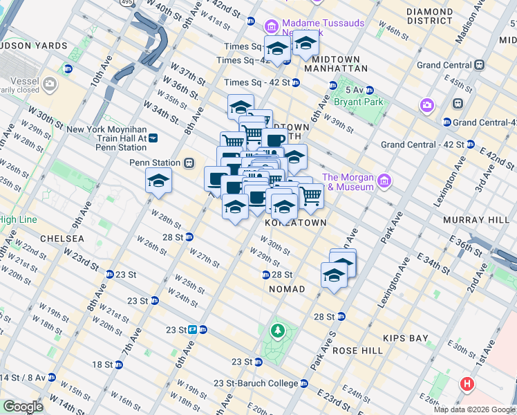 map of restaurants, bars, coffee shops, grocery stores, and more near 883 6th Avenue in New York