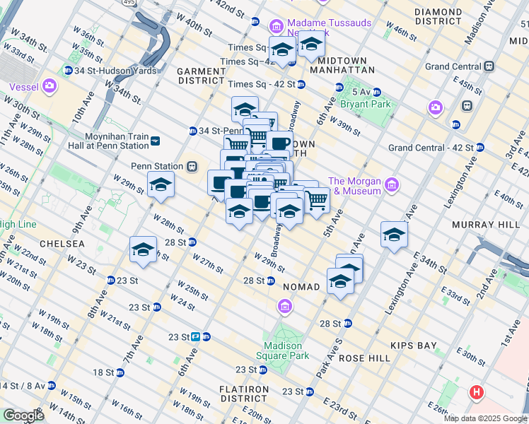 map of restaurants, bars, coffee shops, grocery stores, and more near 885 6th Avenue in New York