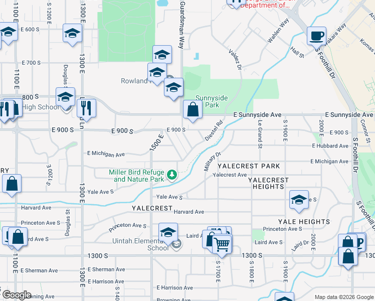 map of restaurants, bars, coffee shops, grocery stores, and more near 966 Diestel Road in Salt Lake City