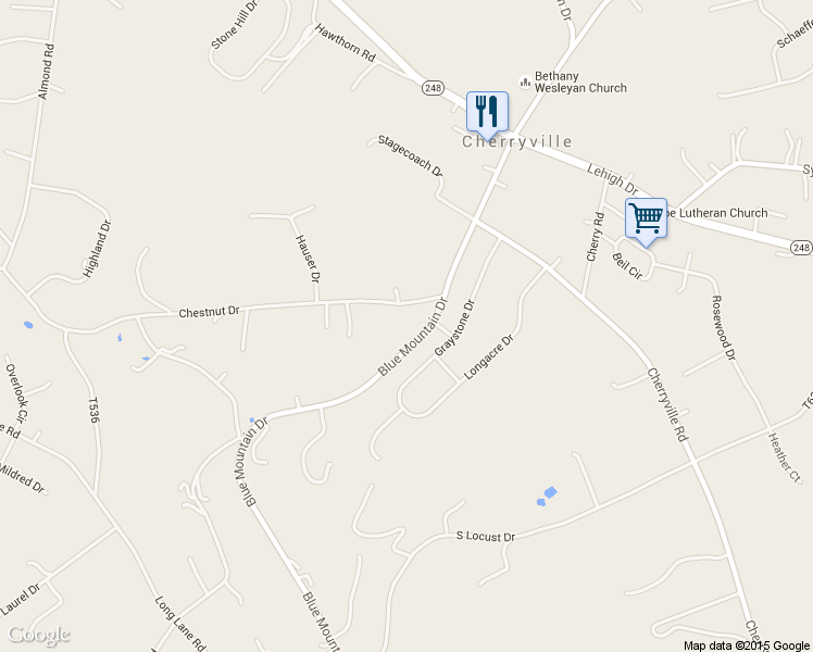map of restaurants, bars, coffee shops, grocery stores, and more near 567 Blue Mountain Drive in Walnutport