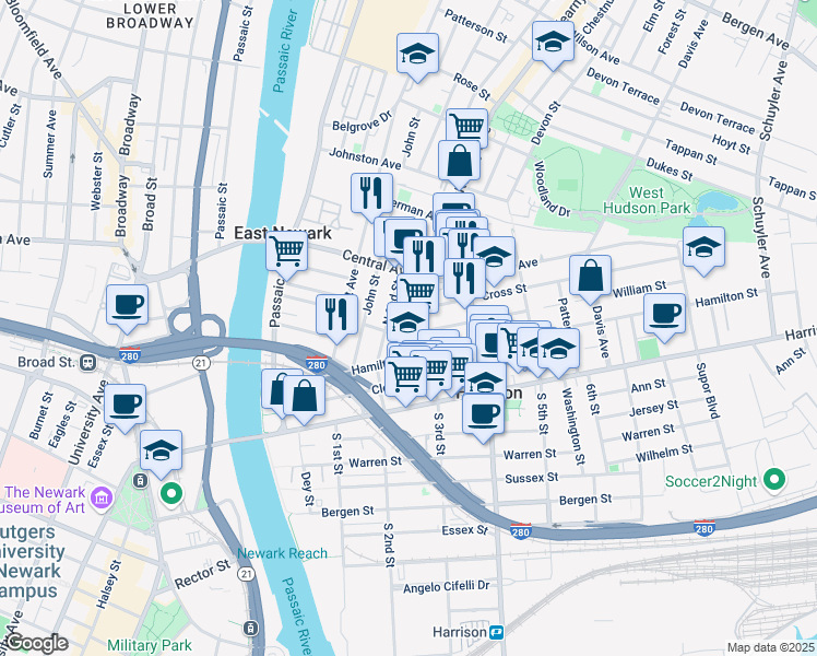 map of restaurants, bars, coffee shops, grocery stores, and more near 319 North 2nd Street in Harrison