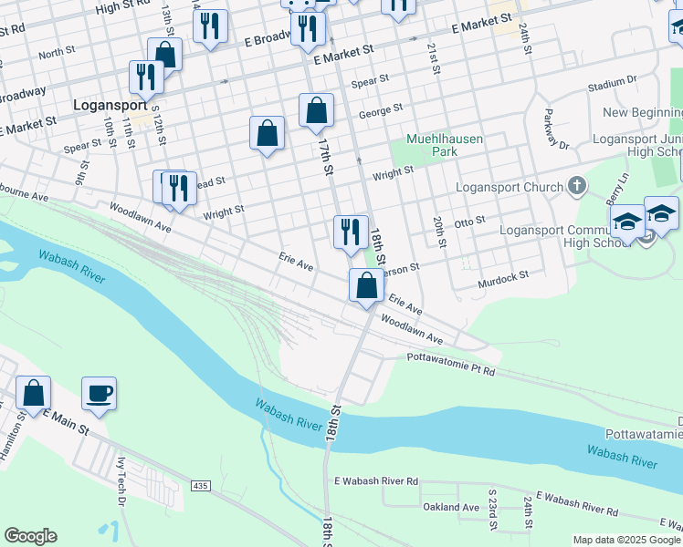 map of restaurants, bars, coffee shops, grocery stores, and more near 1007 17th Street in Logansport