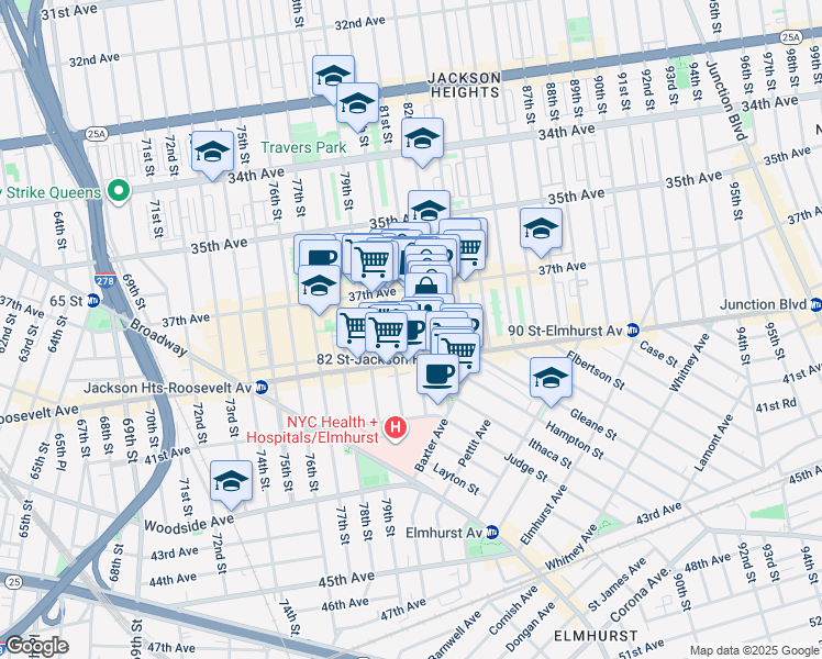 map of restaurants, bars, coffee shops, grocery stores, and more near 3740 81st Street in Queens