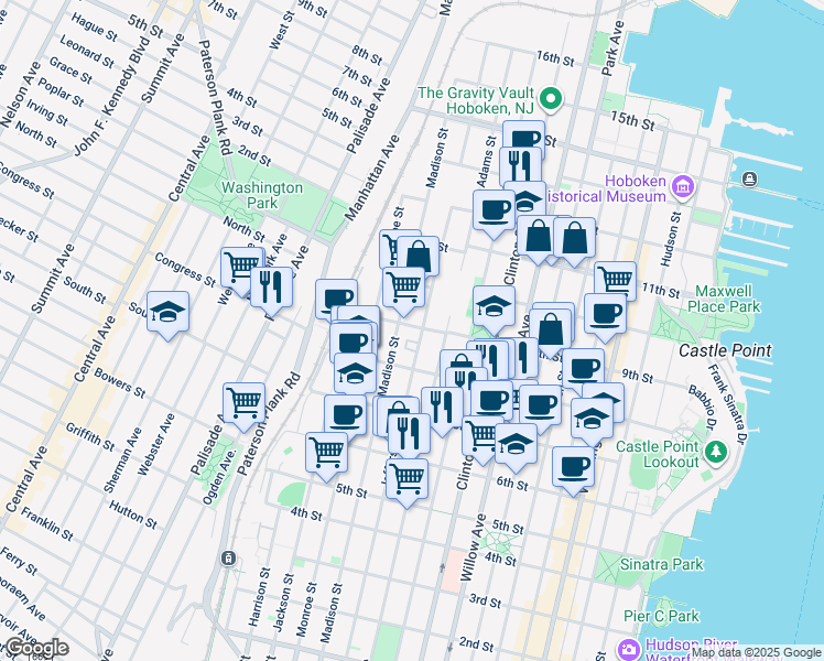 map of restaurants, bars, coffee shops, grocery stores, and more near 915 Madison Street in Hoboken