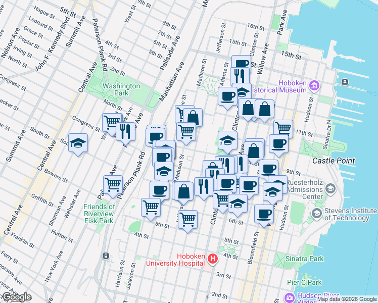 map of restaurants, bars, coffee shops, grocery stores, and more near 915 Madison Street in Hoboken