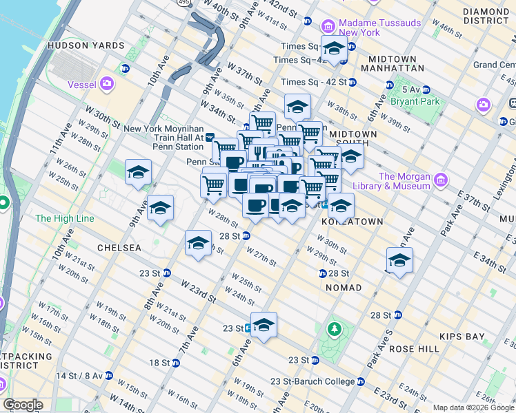 map of restaurants, bars, coffee shops, grocery stores, and more near in New York