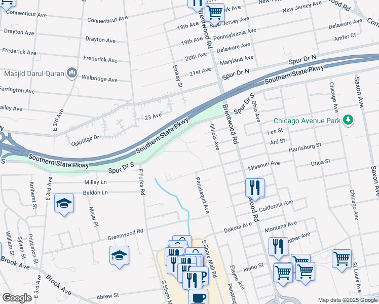 map of restaurants, bars, coffee shops, grocery stores, and more near 15 Newbrook Lane in Bay Shore