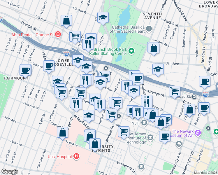 map of restaurants, bars, coffee shops, grocery stores, and more near 34 Hecker Street in Newark