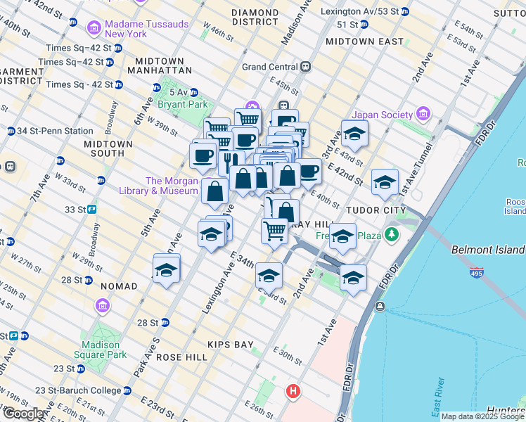 map of restaurants, bars, coffee shops, grocery stores, and more near 303 Lexington Avenue in New York