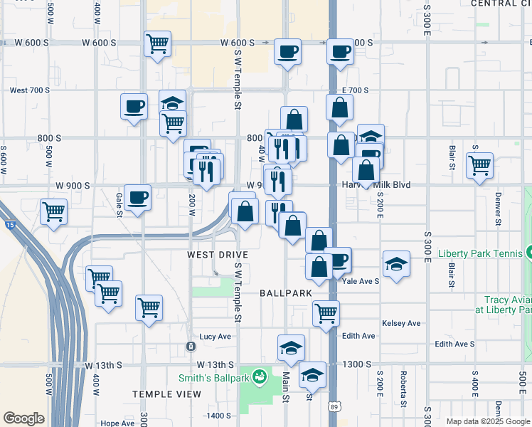 map of restaurants, bars, coffee shops, grocery stores, and more near 41 West 900 South in Salt Lake City