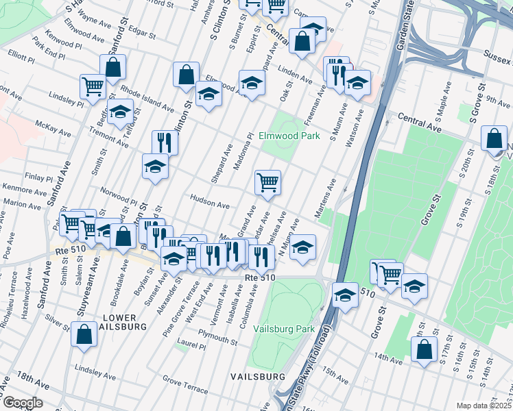 map of restaurants, bars, coffee shops, grocery stores, and more near 8 Tremont Avenue in East Orange