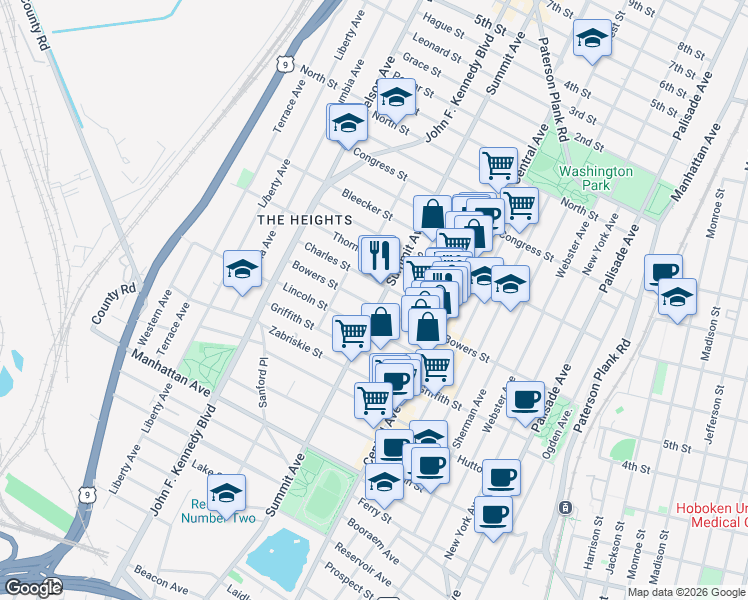 map of restaurants, bars, coffee shops, grocery stores, and more near 1009 Summit Avenue in Jersey City