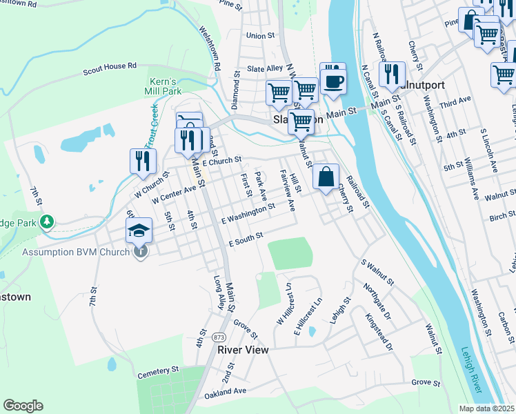 map of restaurants, bars, coffee shops, grocery stores, and more near 307 East Washington Street in Slatington