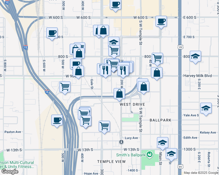 map of restaurants, bars, coffee shops, grocery stores, and more near 928 Washington Street in Salt Lake City