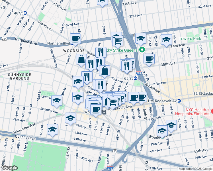 map of restaurants, bars, coffee shops, grocery stores, and more near 37-20 61st Street in Queens