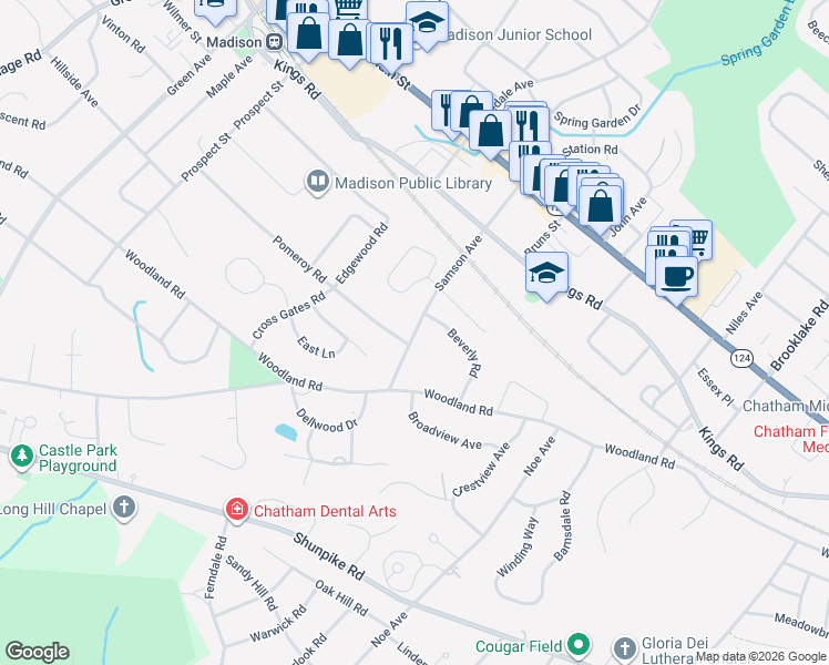 map of restaurants, bars, coffee shops, grocery stores, and more near 106 Pomeroy Road in Madison