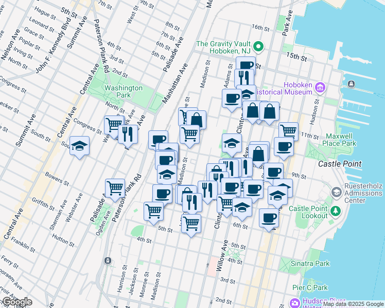 map of restaurants, bars, coffee shops, grocery stores, and more near 915 Madison Street in Hoboken