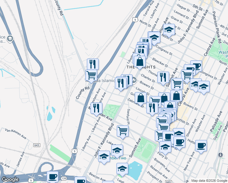 map of restaurants, bars, coffee shops, grocery stores, and more near 353 Liberty Avenue in Jersey City