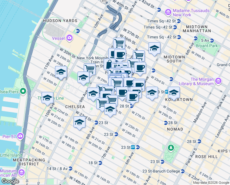 map of restaurants, bars, coffee shops, grocery stores, and more near in New York