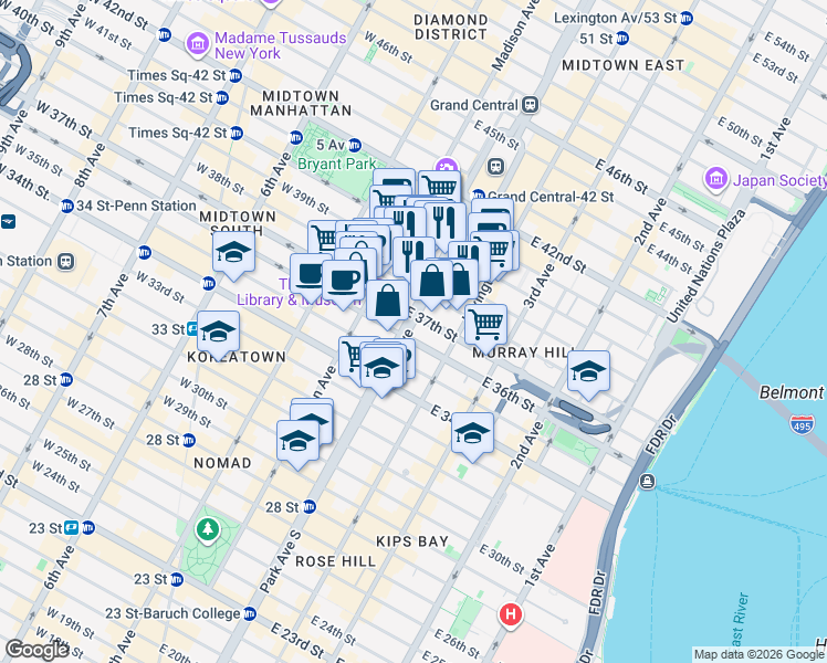 map of restaurants, bars, coffee shops, grocery stores, and more near 41 Park Avenue in New York