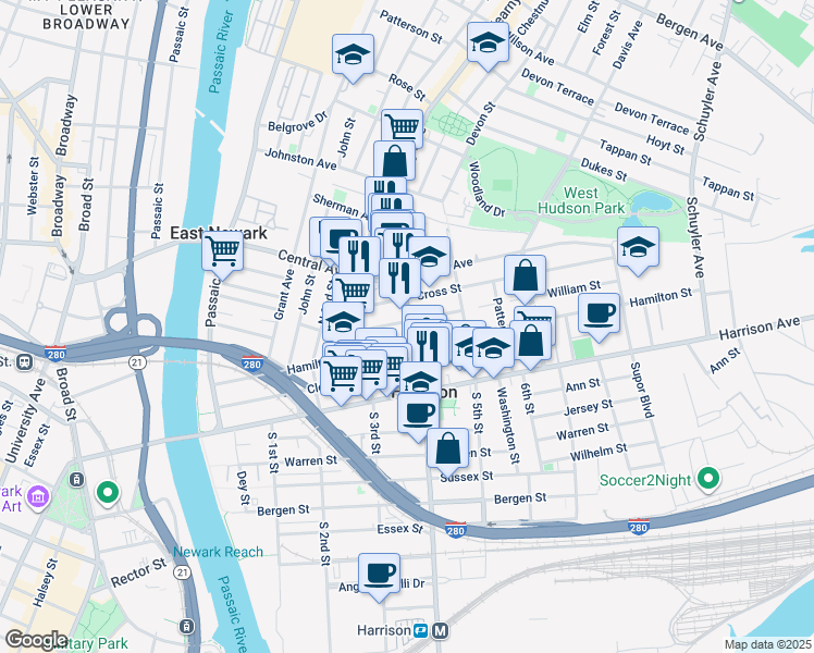 map of restaurants, bars, coffee shops, grocery stores, and more near 308 Frank E Rodgers Boulevard North in Harrison