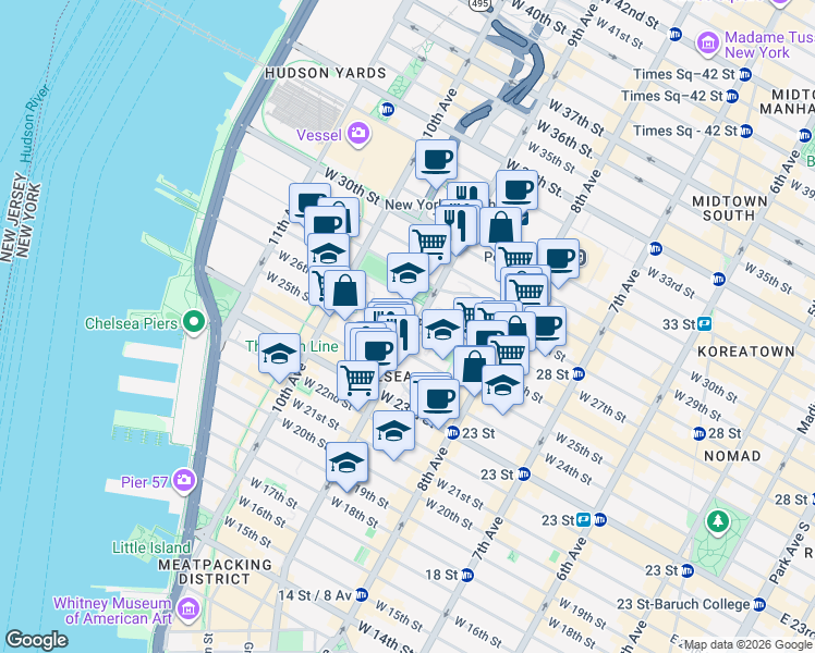 map of restaurants, bars, coffee shops, grocery stores, and more near 405 West 26th Street in New York