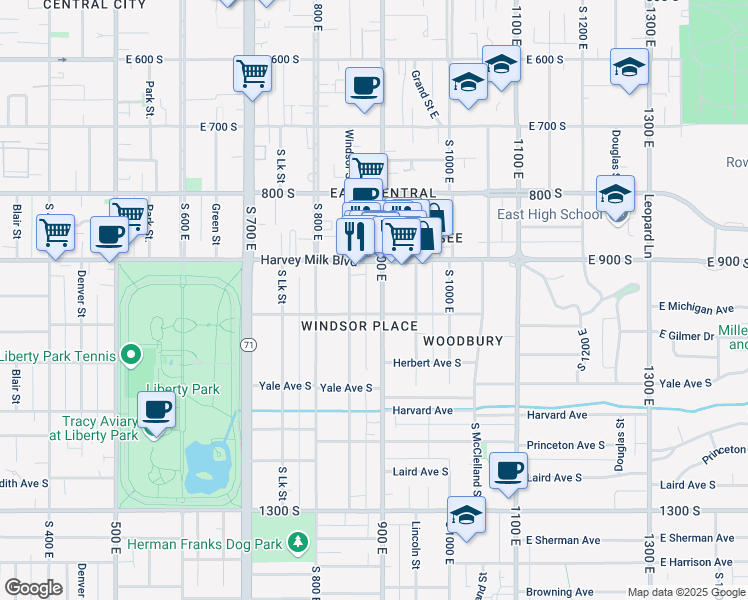 map of restaurants, bars, coffee shops, grocery stores, and more near 926 900 East in Salt Lake City